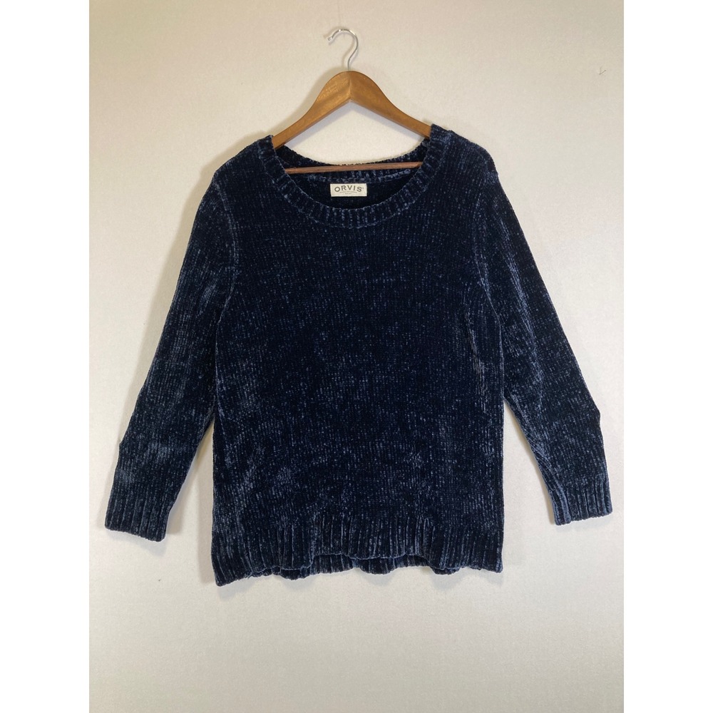 Cozy Chenille Orvis Womens LG Navy Blue Soft Velvety Scoop Neck Pullover Sweater